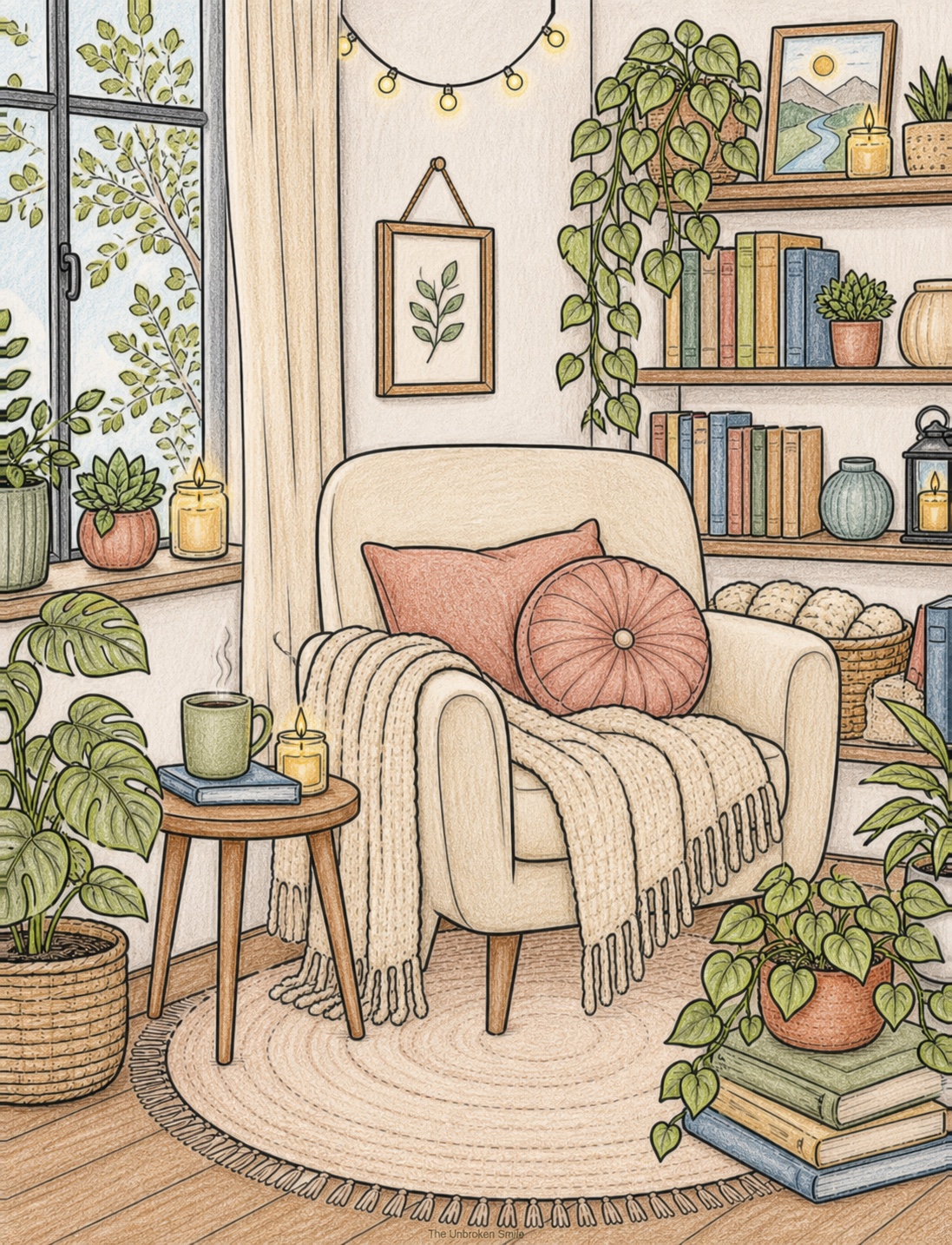 A cozy reading nook page from Color Your Calm, completed in warm earthy colored pencil