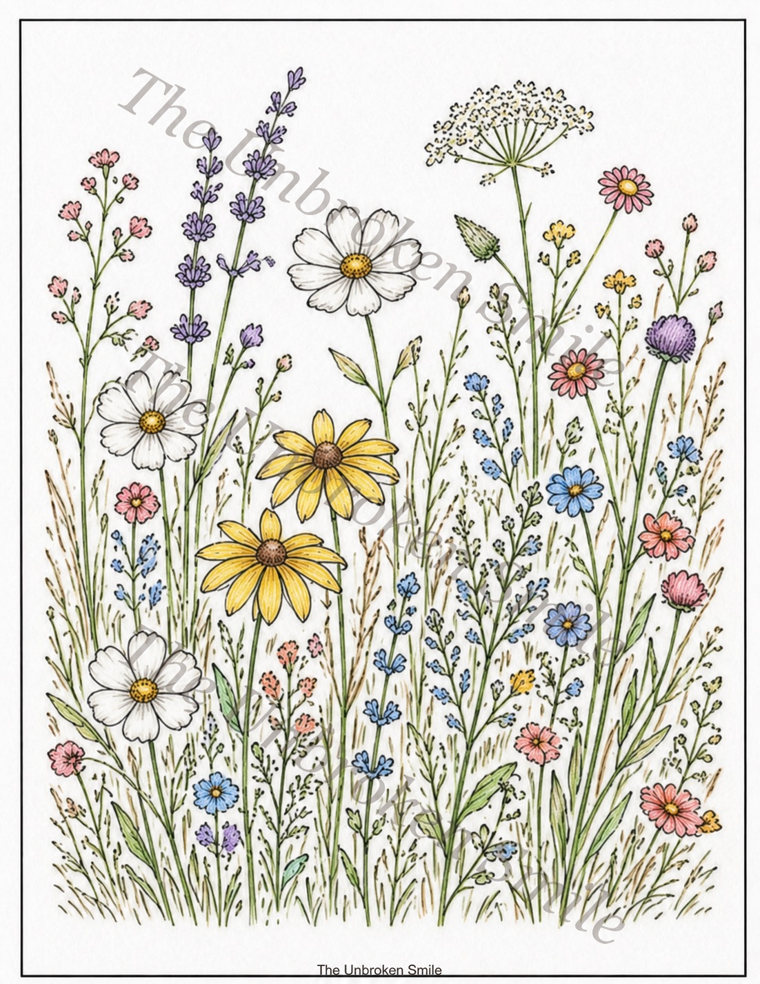 A watermarked Color Your Next Chapter wildflower page colored in soft natural shades