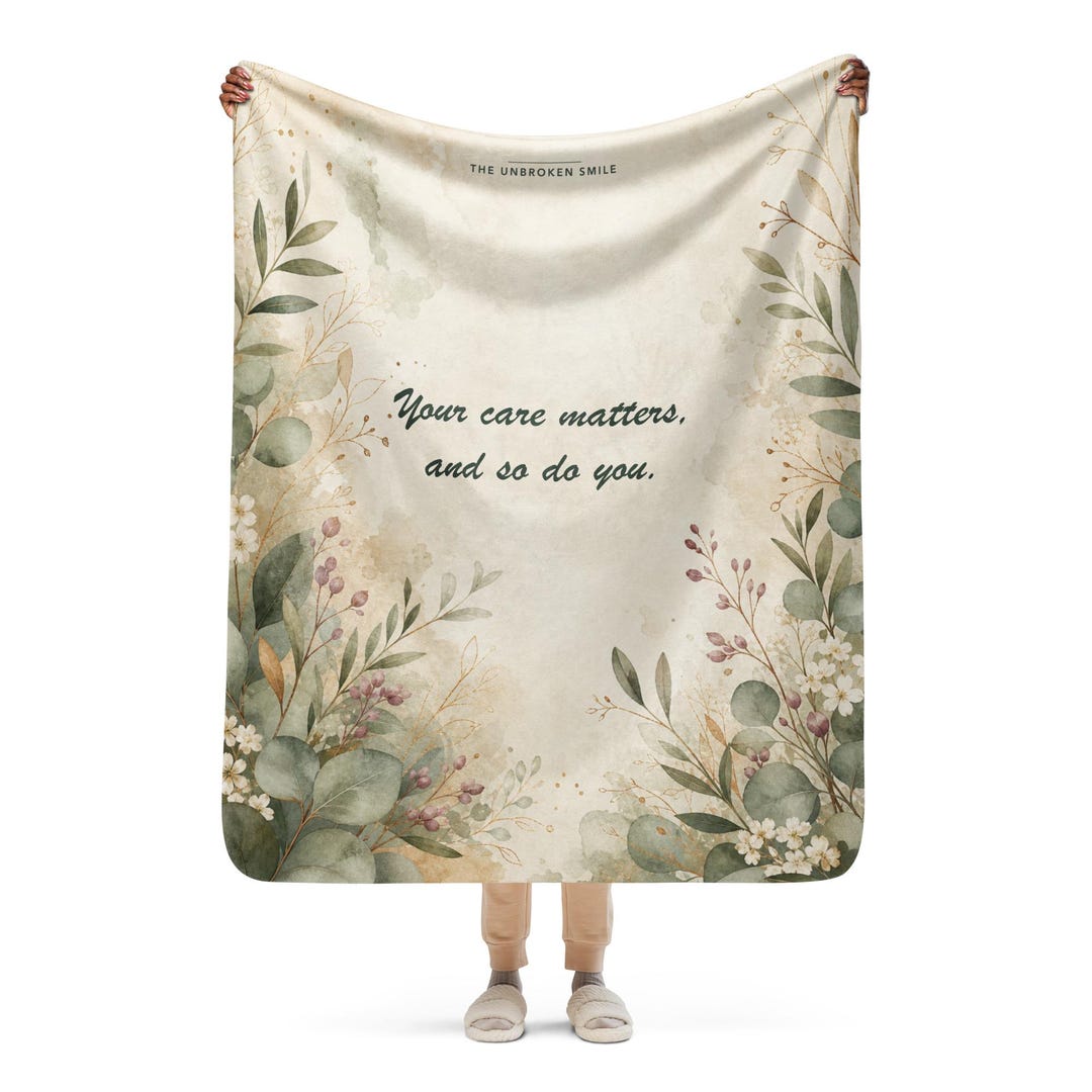 Caregiver Appreciation Blanket, a 50 by 60 sherpa throw with eucalyptus watercolor art, shown with the 90 Days for the Caregiver journal