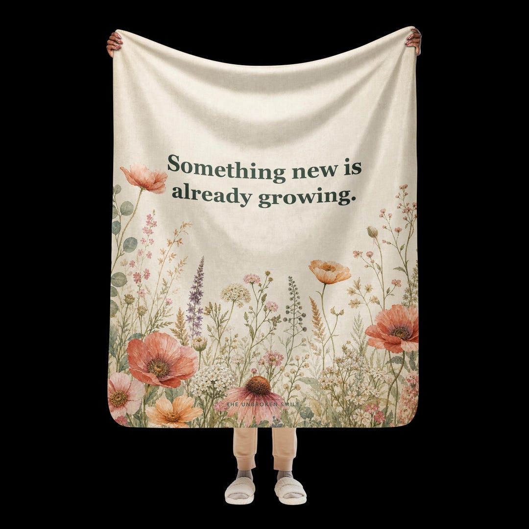 New Chapter Blanket, a 50 by 60 floral sherpa throw, an empty nester gift, shown with Color Your Next Chapter and You're Not Too Late