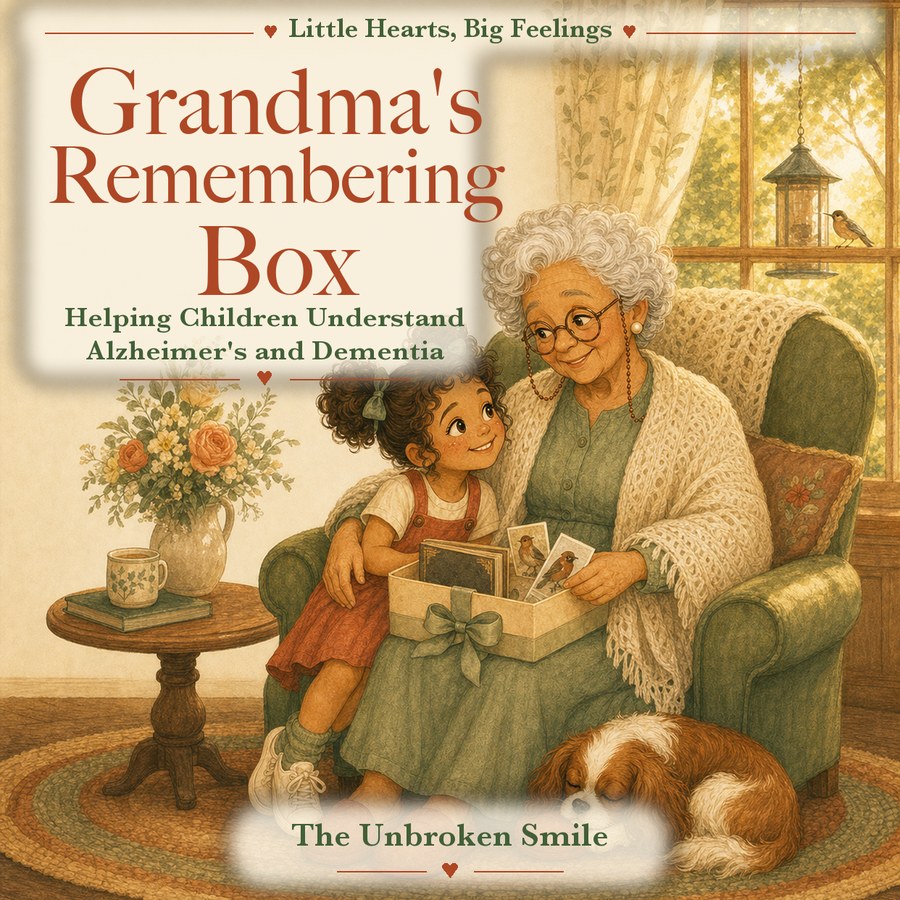 Grandma's Remembering Box, a children's picture book helping kids understand Alzheimer's and dementia, Book 3 of the Little Hearts Big Feelings series by The Unbroken Smile