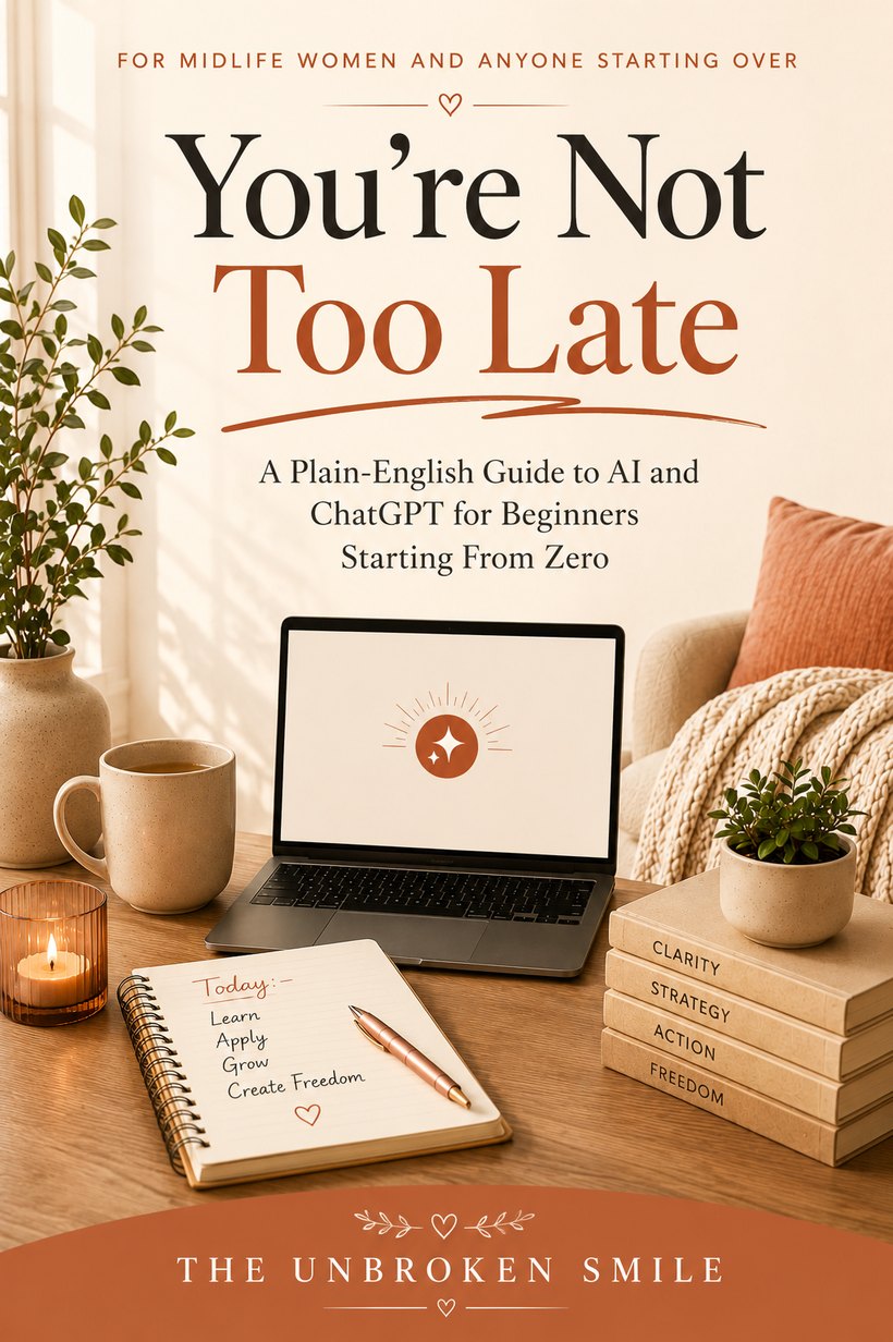 You're Not Too Late book cover, a plain-English AI and ChatGPT guide for beginners and midlife women, by The Unbroken Smile