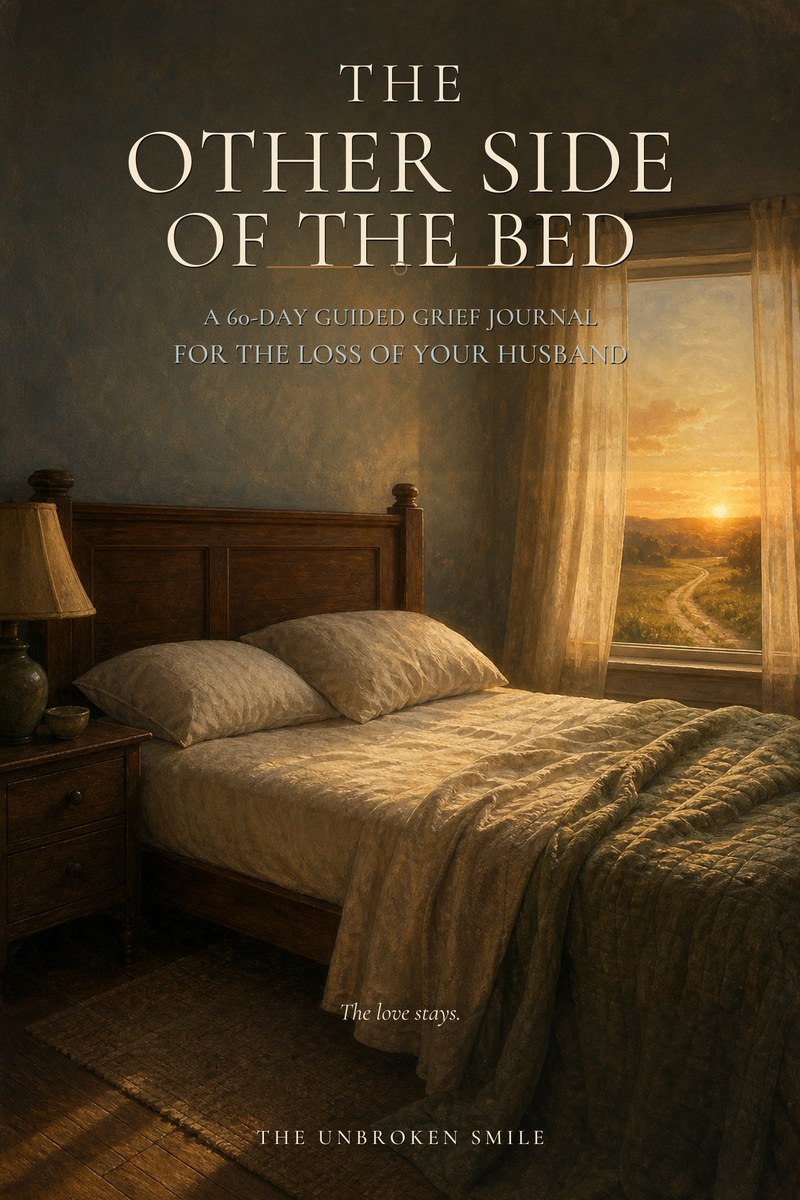 The Other Side of the Bed, a 60-day guided grief journal for the loss of your husband, by The Unbroken Smile
