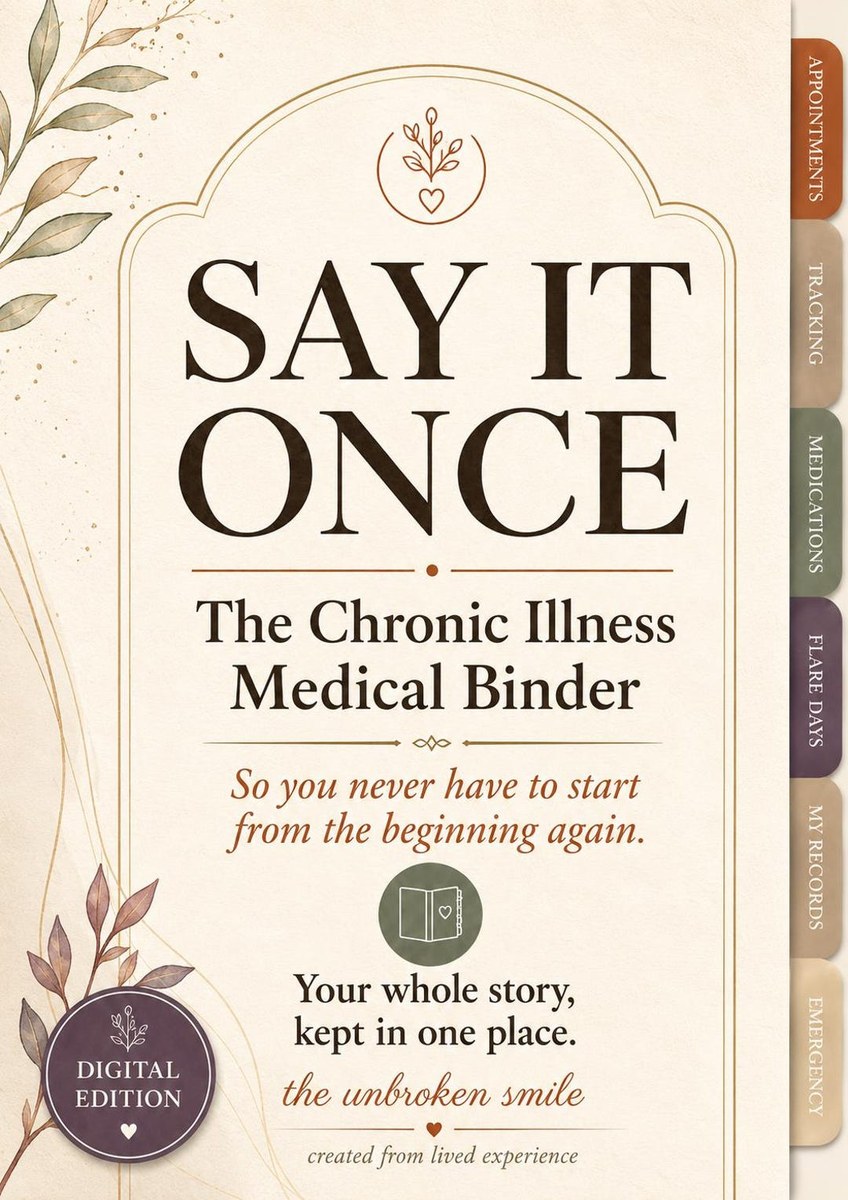 Say It Once, The Chronic Illness Medical Binder by The Unbroken Smile, fillable digital download with tabbed sections for appointments, tracking, medications, flare days, and emergencies