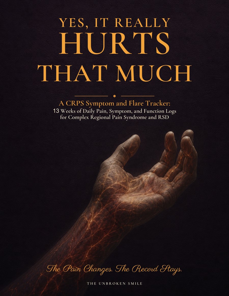 Yes, It Really Hurts That Much, a CRPS symptom and flare tracker with 13 weeks of daily pain, symptom, and function logs, by The Unbroken Smile