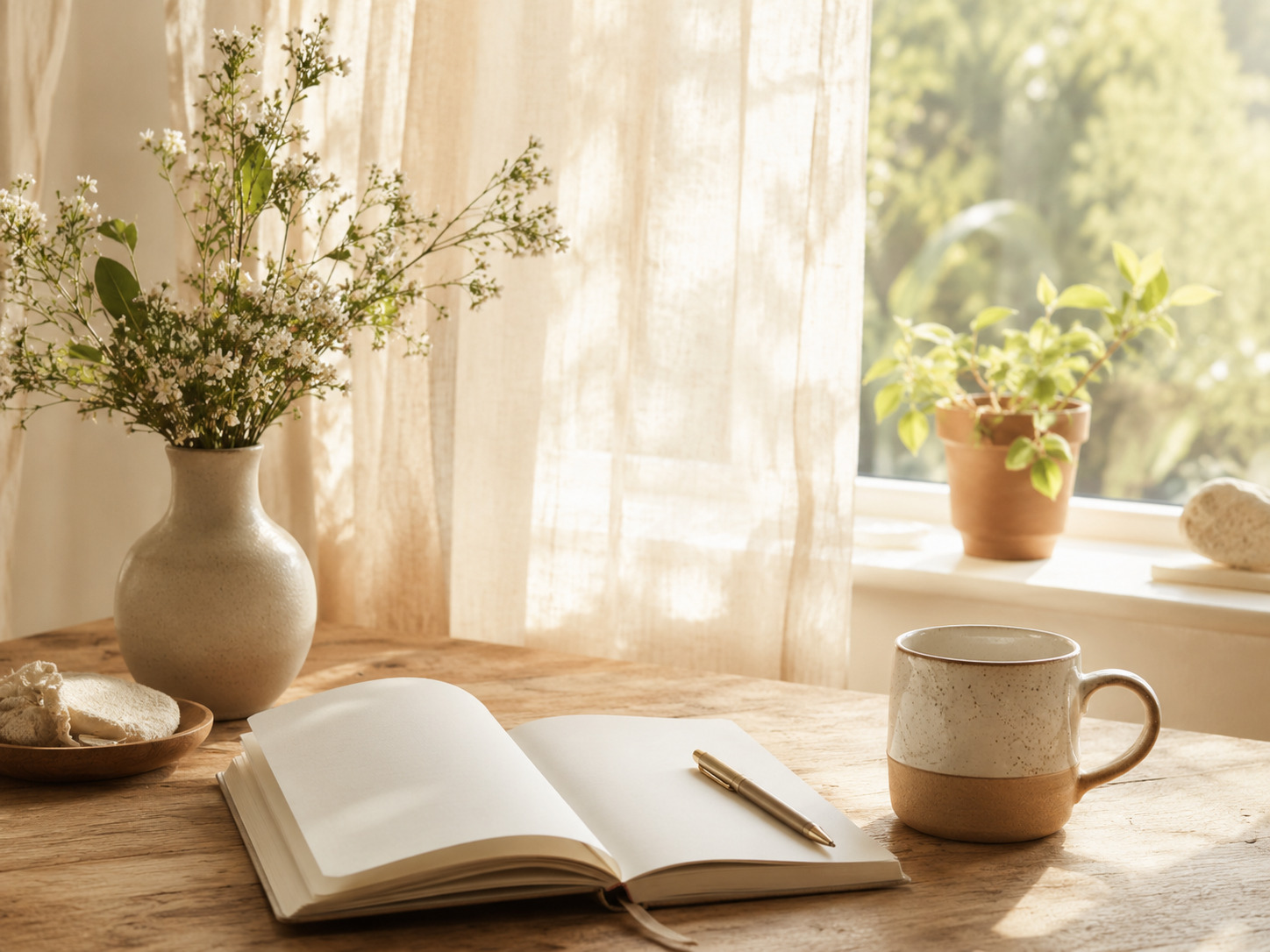 A woman in warm morning light holding coffee beside a journal and flowers