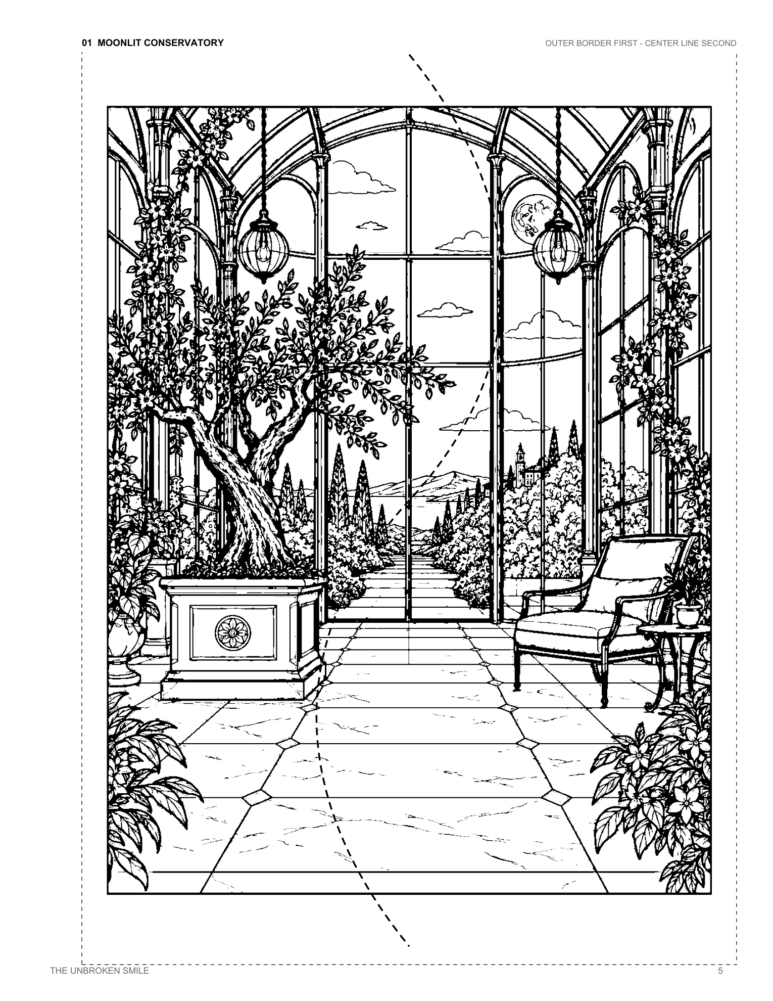 Actual Moonlit Conservatory coloring page from Two Halves, One Masterpiece with its outer cut border and dotted center S