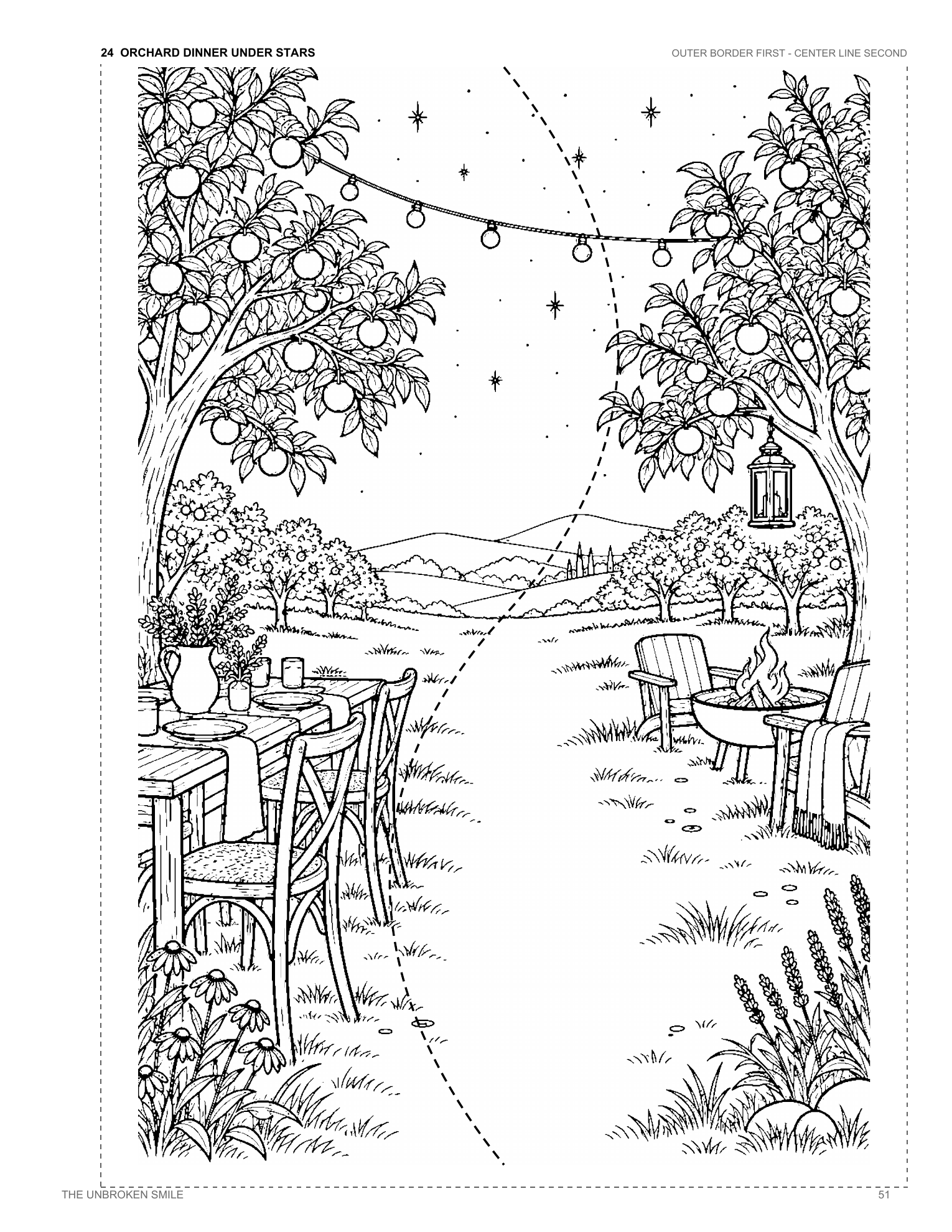 Actual Orchard Dinner Under Stars coloring page from Two Halves, One Masterpiece with its outer cut border and dotted center S