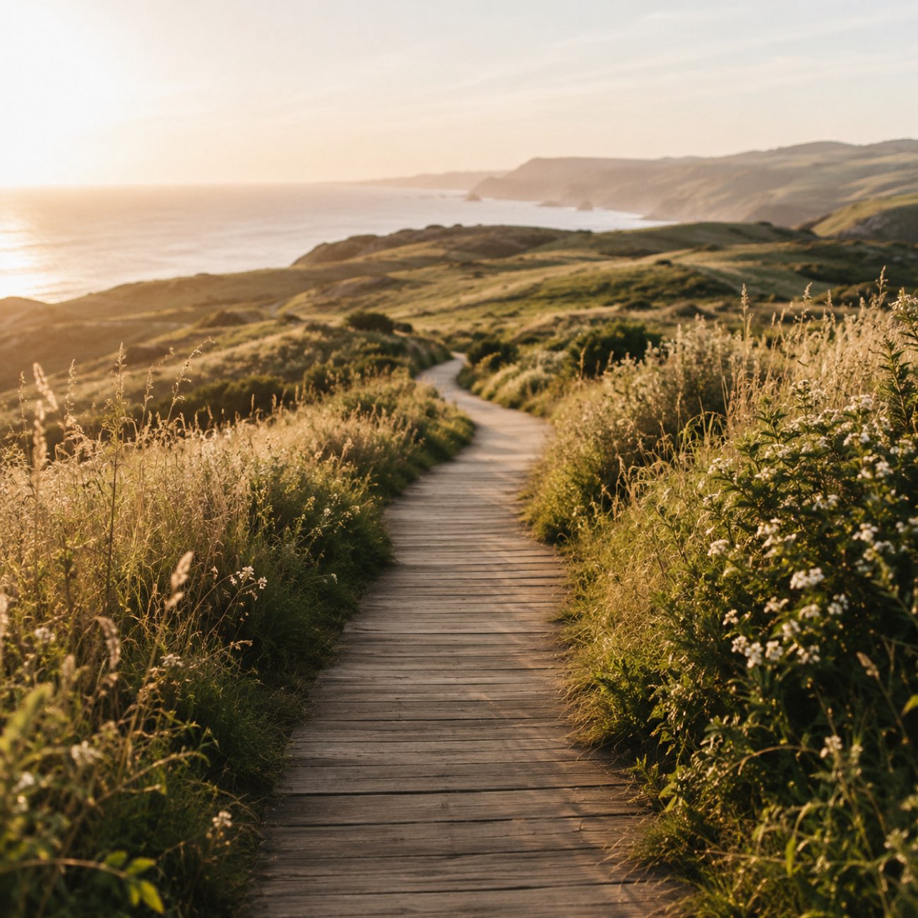 A peaceful wildflower-lined road in warm light